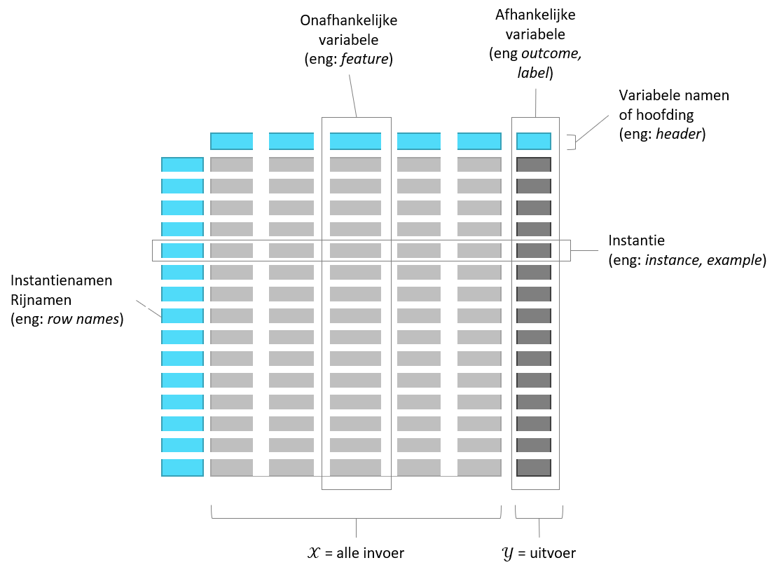 De onderdelen van een dataset met ‘platte’ structuur.